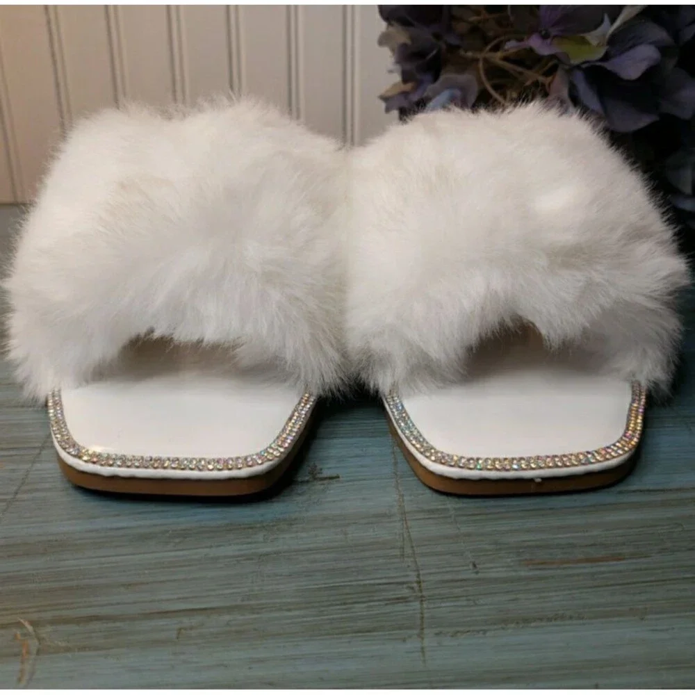 Faux Fur Rhinestone Slides Sandals Slippers Wedding Fuzzy Bling Cute Women Sz 10 - Picture 3 of 16